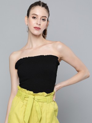 SASSAFRAS Casual Sleeveless Solid Women Black Top