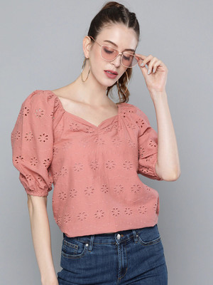 SASSAFRAS Casual 3/4 Sleeve Solid Women Pink Top