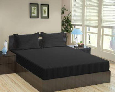 kashi Satin Double Flat 200 TC Striped Bedsheet(Pack of 1, Black)