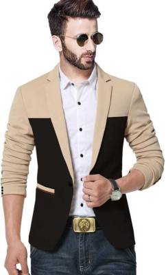 Colorblock Single Breasted Casual, Wedding, Festive &amp; Wedding Men Full Sleeve Blazer  (Black, Beige)
