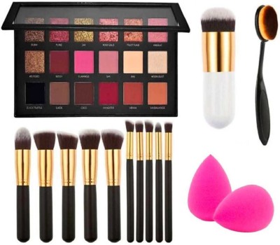 Plethora Rose Gold REMASTERED Eyeshadow Palette Matte and Shimmer Eyeshadow 10 g (Rose Gold) & Professional Foundation Brush & Oval Foundation Brush & Makeup brushes Professional Eye brushes set eyeshadow Foundation Mascara Blending Pencil brush Make up tool Cosmetic (Pack of 10) & 2 puff(15 Items i