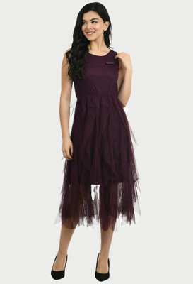 Muskan Enterprises Women Fit and Flare Maroon Midi/Calf Length Dress
