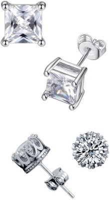 fabula Combo of 2 Silver Tone Square & Round Cubic Zirconia Small Cubic Zirconia, Crystal, Zircon Zinc, Alloy, Metal Stud Earring