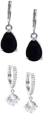 fabula Combo of 2 Black Teardrop & Silver Round Cubic Zirconia Cubic Zirconia, Crystal, Zircon Brass, Metal Earring Set, Drops & Danglers