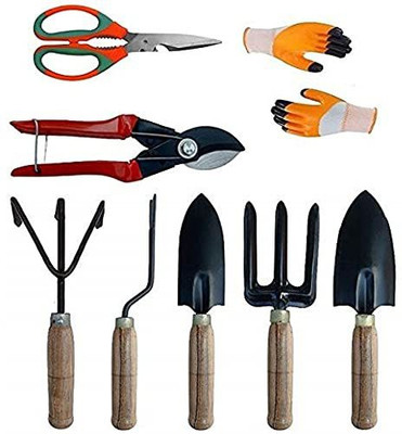 IBEX Wooden Garden Tool Set of 5 With Heavy Cutter, Scissor & Gloves Garden Tool Kit(8 Tools)