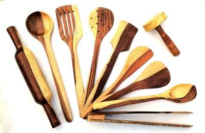 flipshoppee Bright and beautiful, Handmade Natural Wood Sheesham Without Polish in White Wooden Serving & Cooking Spoon's & Kitchen Tools Utensil Non Stick- 1 Jharni, 1 Jhara, 1 Frying, 1 Rice, 1 Palta, 1 Chimta , 1 Prata sek,1 DOI- Set of 10 Kitchen Tool Set(Cooking Spoon, Spatula, Ladle, Masher)