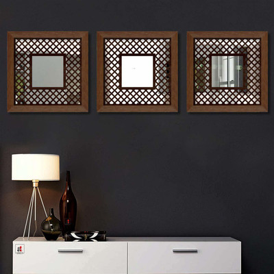 Painting Mantra Engineered Wood Block Design Shape Set of 3 (13x13 Inch) Brown Decorative Mirror(Square)