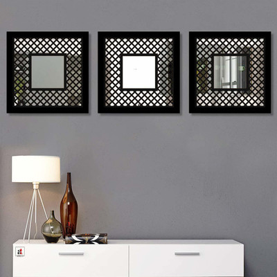 Painting Mantra Engineered Wood Block Design Shape Set of 3 (13x13 Inch) Black Decorative Mirror(Square)