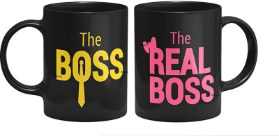 Youth Style "Boss & Real Boss" Printed Black Coffee and Tea Ceramic- 11Oz Black Gift for Birthday , anniversary Couple, Friends, Lover, beutyfull set of 2 Blk-BRB Ceramic Coffee Mug(330 ml, Pack of 2)
