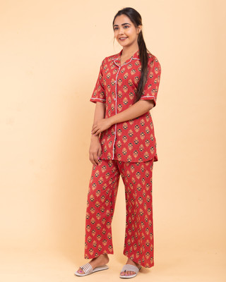 DAMMODE Women Printed Maroon Shirt & Pyjama set