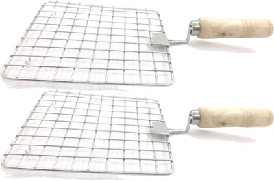 KUBER INDUSTRIES Stainless Steel Square Papad Jali/Roti Roast Grill/Papad Roast Grill with Wooden Handle-Pack of 2 (Silver) 1 kg Roaster(Silver)