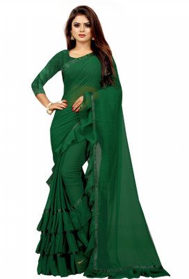 Glamour Hub Solid/Plain, Printed Jamdani Georgette Saree(Dark Green)