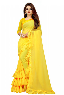Femiro Fab Solid/Plain Daily Wear Georgette, Satin Saree(Yellow)