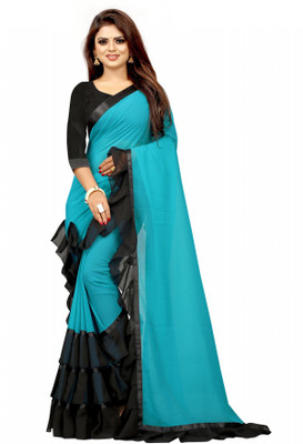 Queen worth Solid/Plain Bollywood Georgette Saree(Light Blue, Black)