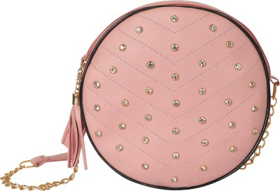 Pramadda Pure Luxury Pink Sling Bag Round Star Diamond Studded Leather travel Sling Bag for Women Girls | sling bag for girls | party wear sling bags | women sling bags with chain | round bag | daily use bags for women | leather sling bags for women | Stylish Handbag Purse Sling Bags