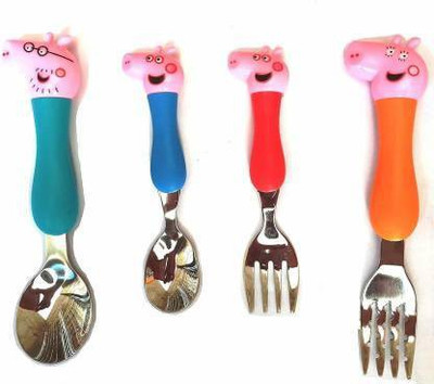 AARL Pink Pig Heavy Quality Games Theme Stainless Steel Baby Feed Spoon and Fork Set Stainless Steel Cutlery Set(Pack of 4)