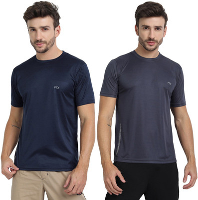 FTX Solid Men Round Neck Blue, Grey T-Shirt