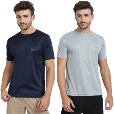 FTX Solid Men Round Neck Silver, Blue T-Shirt