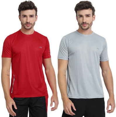 FTX Solid Men Round Neck Silver, Red T-Shirt