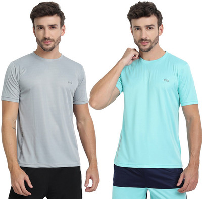 FTX Solid Men Round Neck Silver, Light Blue T-Shirt