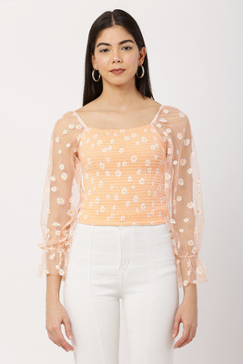 MUMRAA Casual 3/4 Sleeve Printed Women Orange Top