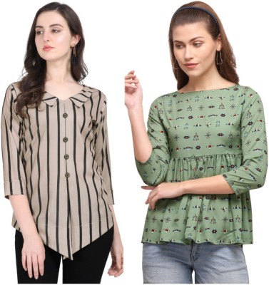 ANAITA Casual Regular Sleeve Striped Women Green, Brown Top