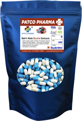 PATCO PHARMA RAW MATERIALS & EQIPMENTS Size 0 Sky Blue/White Empty Gelatin Pill/Capsule, Gluten Free, DIY Powder Filling(500 No)