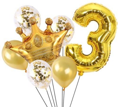 PopTheParty Printed Gold 3 Digit number foil balloon With Crown Foil, Confetti and latex Balloon for Birthday Anniversary Balloon set of 12 Balloon(Gold, Pack of 12)