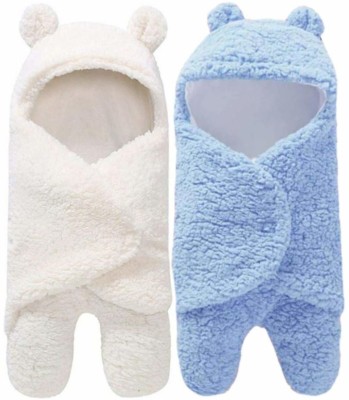 BABY ZONE Solid Crib Hooded Baby Blanket for  Mild Winter(Microfiber, White Blue)