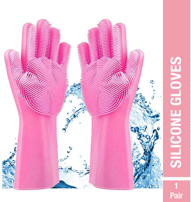 BAANI Silicone Scrubbing Gloves, Non-Slip, Dishwashing and Pet Grooming, Magic Latex Gloves for Household Cleaning Great for Protecting Hands in Dish Washing (Pink) Wet and Dry Glove Set Wet and Dry Glove Set(Free Size Pack of 2)