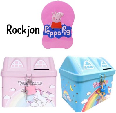 Rockjon Peppa Pig Cartoon Character Metal Piggy Bank and Unicorn Piggy Bank (PACK OF 3) Coin Bank(Multicolor)