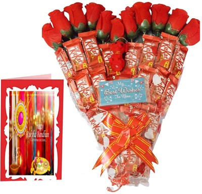 Holy Krishna Heart Shape Bouquet Of KitKat chocolates Pack Of 20 for Best Wishes & Happy Rakshabandhan to all Brothers and Sisters Card with Soft Toy & Message Card + Laxmi ATM Card (All Items As Shown in Image) Plastic Gift Box(Red)