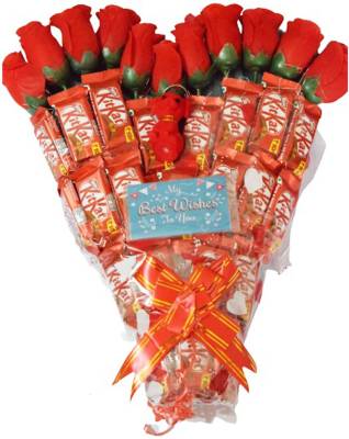 Holy Krishna Heart Shape Bouquet Of KitKat chocolates Pack of 8 for Best Wishes with Soft Toy & Message Card + Laxmi ATM Card (All Items As Shown in Image) Plastic Gift Box