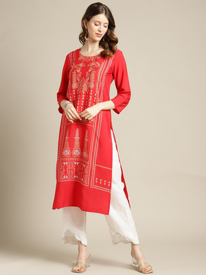 Ksut Women Printed Straight Kurta(Red)