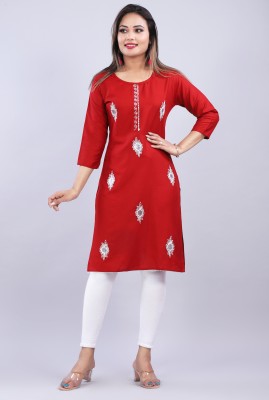 NEWLOOKJAIPUR Women Embellished Straight Kurta(Red)