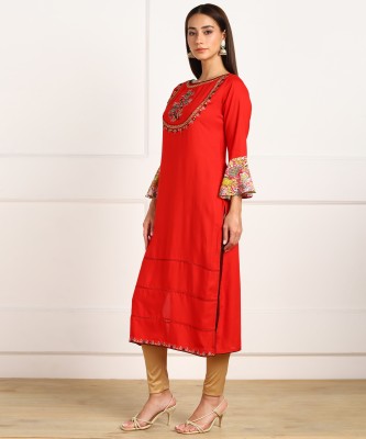 VAHSON Women Chikan Embroidery, Embroidered, Embellished Straight Kurta(Red)
