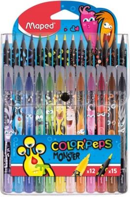 Maped Color'Peps Monster 12 Felt Pen Set and 15 Color Pencils Set(Set of 27, Multicolor)