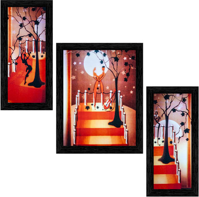 Indianara Set of 3 Couple Dancing in the Beautiful Moon Light Framed Art Painting (418BK) without glass (6 X 13, 10.2 X 13, 6 X 13 INCH) Digital Reprint 13 inch x 10.2 inch Painting(With Frame, Pack of 3)