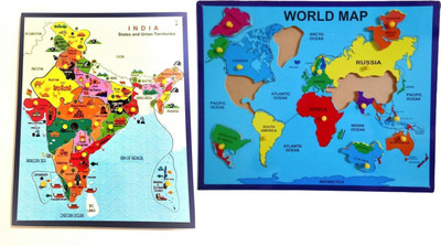 DgCrayons Wooden Large Geographical India Map And World Map (Set of 2 Map) Jigsaw Puzzle with Knobs for Knowledge & Educational Aids, Board Game Best Gift for Kids and Home Office Décor(33 Pieces)
