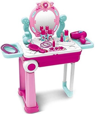 NIYAMAT Makeup kit for Girls Kids 2in1 Pretend Play Cosmetic &Makeup Toy Set kit, Beauty Set Trolley with Light, Music, Mirror, Lipsticks, hairdryer &Other Accessories Set Girls Toy