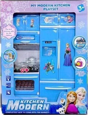 MPH ENTERPRISE Frozen Modern Kitchen Set Modular Play with Cooking Toy Refrigerator & Full Accessories for Kids Girls 2 Station Toys (Multicolor)