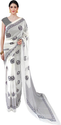 NIKHILAM Printed, Blocked Printed Ikkat Pure Cotton Saree(White)