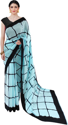 NIKHILAM Checkered Ikkat Pure Cotton Saree(Light Blue)