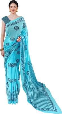 NIKHILAM Printed Daily Wear Pure Cotton Saree(Light Blue)