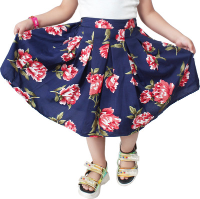 Alisha Moda Floral Print Girls Pleated Blue Skirt