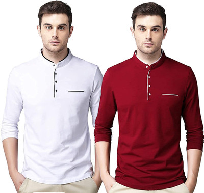 Jangoboy Solid Men Henley Neck White, Maroon T-Shirt