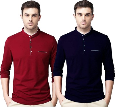 Behemoth Solid Men Henley Neck Dark Blue, Maroon T-Shirt