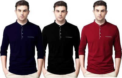 Bribzy Solid Men Mandarin Collar Maroon, Black, Navy Blue T-Shirt