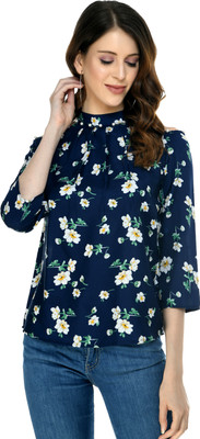 Beautylife Casual Cold Shoulder Floral Print Women White, Blue Top