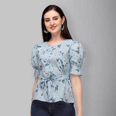 Myy Casual Half Sleeve Floral Print Women Light Blue Top